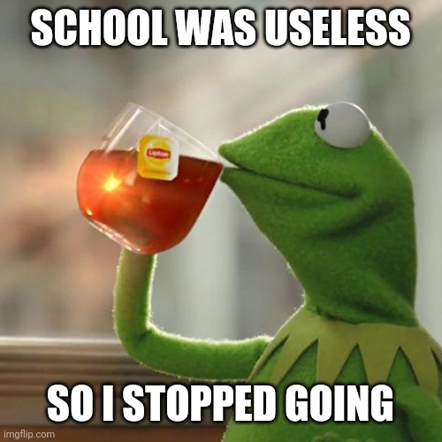 Not me irl | SCHOOL WAS USELESS; SO I STOPPED GOING | image tagged in memes,kermit the frog | made w/ Imgflip meme maker