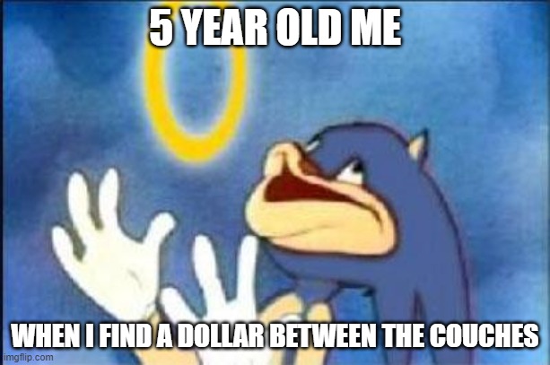 Sonic derp |  5 YEAR OLD ME; WHEN I FIND A DOLLAR BETWEEN THE COUCHES | image tagged in sonic derp | made w/ Imgflip meme maker