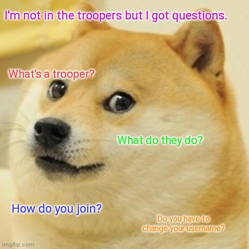 I seen my friends in the troopers so what is it? | I'm not in the troopers but I got questions. What's a trooper? What do they do? How do you join? Do you have to change your username? | image tagged in memes,doge | made w/ Imgflip meme maker