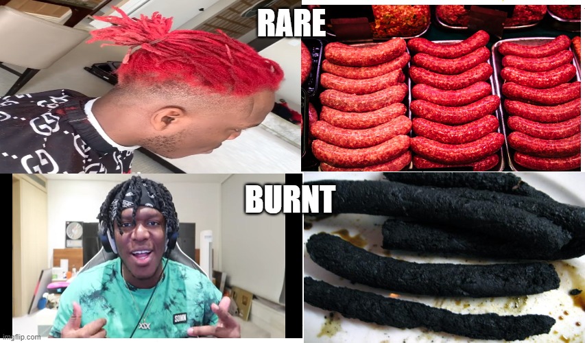 JJ and sausages has something in common | RARE; BURNT | image tagged in ksi | made w/ Imgflip meme maker