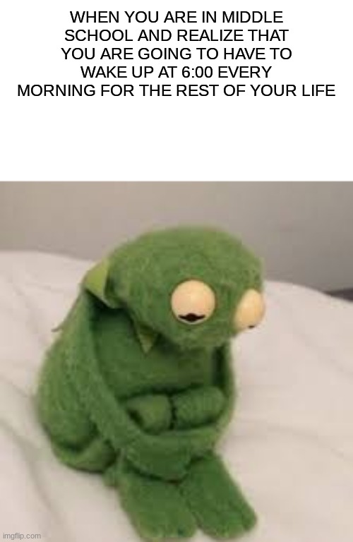WHEN YOU ARE IN MIDDLE SCHOOL AND REALIZE THAT YOU ARE GOING TO HAVE TO WAKE UP AT 6:00 EVERY MORNING FOR THE REST OF YOUR LIFE | image tagged in sad kermit | made w/ Imgflip meme maker
