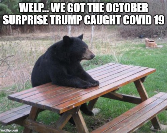 Bad Luck Bear Meme | WELP... WE GOT THE OCTOBER SURPRISE TRUMP CAUGHT COVID 19 | image tagged in memes,bad luck bear | made w/ Imgflip meme maker