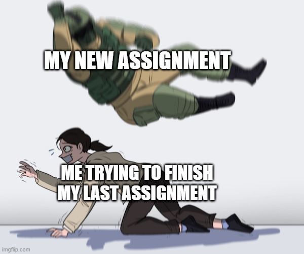 More assignments, more stress | MY NEW ASSIGNMENT; ME TRYING TO FINISH MY LAST ASSIGNMENT | image tagged in rainbow six - fuze the hostage | made w/ Imgflip meme maker