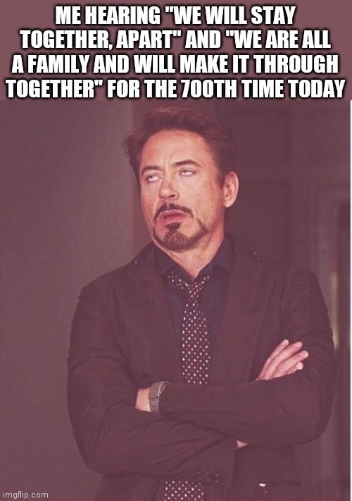 Face You Make Robert Downey Jr Meme | ME HEARING "WE WILL STAY TOGETHER, APART" AND "WE ARE ALL A FAMILY AND WILL MAKE IT THROUGH TOGETHER" FOR THE 700TH TIME TODAY | image tagged in memes,face you make robert downey jr | made w/ Imgflip meme maker