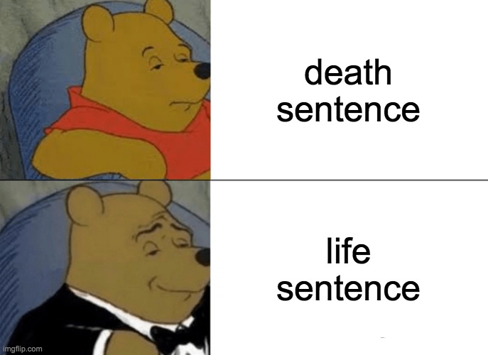 Tuxedo Winnie The Pooh | death sentence; life sentence | image tagged in memes,tuxedo winnie the pooh | made w/ Imgflip meme maker