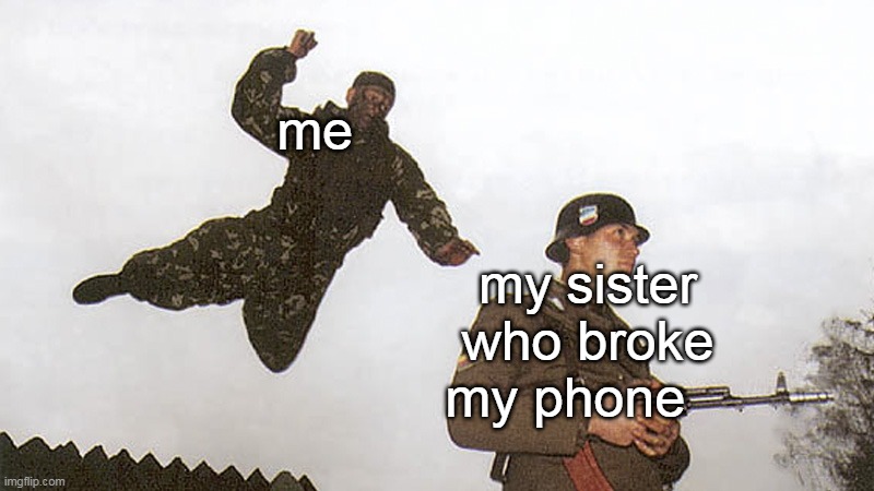random meme | me; my sister who broke my phone | image tagged in soldier jump spetznaz | made w/ Imgflip meme maker