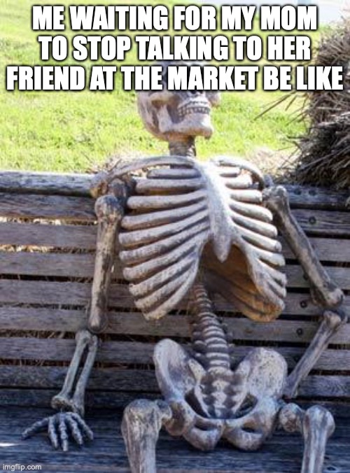 Waiting Skeleton | ME WAITING FOR MY MOM TO STOP TALKING TO HER FRIEND AT THE MARKET BE LIKE | image tagged in memes,waiting skeleton | made w/ Imgflip meme maker