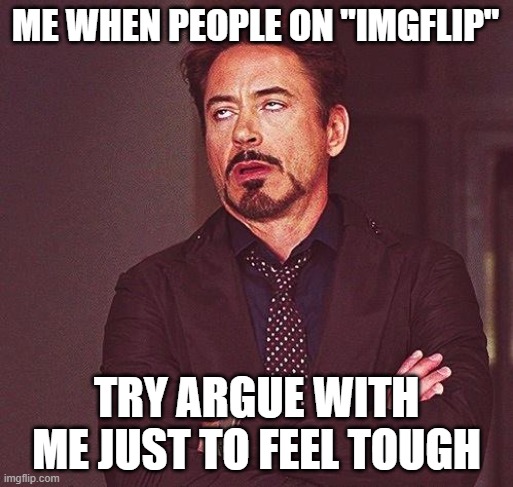 how sad of them | ME WHEN PEOPLE ON "IMGFLIP"; TRY ARGUE WITH ME JUST TO FEEL TOUGH | image tagged in robert downey jr annoyed,imgflip,funny,pathetic,argument,sad | made w/ Imgflip meme maker