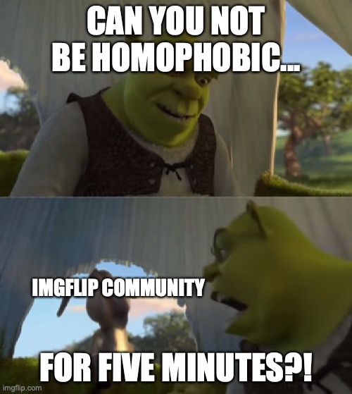 Could you not ___ for 5 MINUTES | CAN YOU NOT BE HOMOPHOBIC... IMGFLIP COMMUNITY; FOR FIVE MINUTES?! | image tagged in could you not ___ for 5 minutes | made w/ Imgflip meme maker