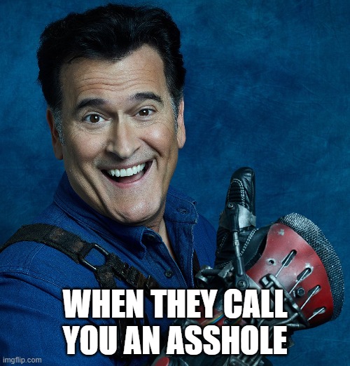 Asshole |  WHEN THEY CALL YOU AN ASSHOLE | image tagged in bruce campbell,ash vs evil dead,asshole,groovy | made w/ Imgflip meme maker