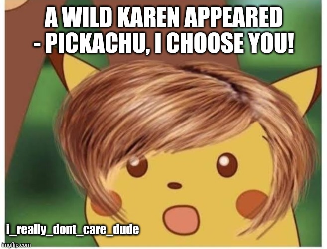 A wild Karen appeared | A WILD KAREN APPEARED - PICKACHU, I CHOOSE YOU! i_really_dont_care_dude | image tagged in karen,pokemon | made w/ Imgflip meme maker