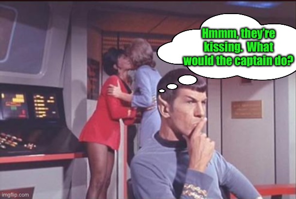 Glad I left Spock in charge. | Hmmm, they’re kissing.  What would the captain do? | image tagged in mr spock,star trek,memes,funny | made w/ Imgflip meme maker