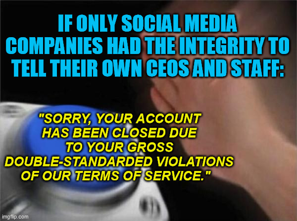 Blank Nut Button Meme | IF ONLY SOCIAL MEDIA COMPANIES HAD THE INTEGRITY TO TELL THEIR OWN CEOS AND STAFF: "SORRY, YOUR ACCOUNT HAS BEEN CLOSED DUE TO YOUR GROSS DO | image tagged in memes,blank nut button | made w/ Imgflip meme maker