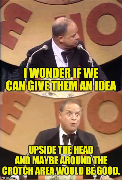 Don Rickles Roast | I WONDER IF WE CAN GIVE THEM AN IDEA UPSIDE THE HEAD AND MAYBE AROUND THE CROTCH AREA WOULD BE GOOD. | image tagged in don rickles roast | made w/ Imgflip meme maker