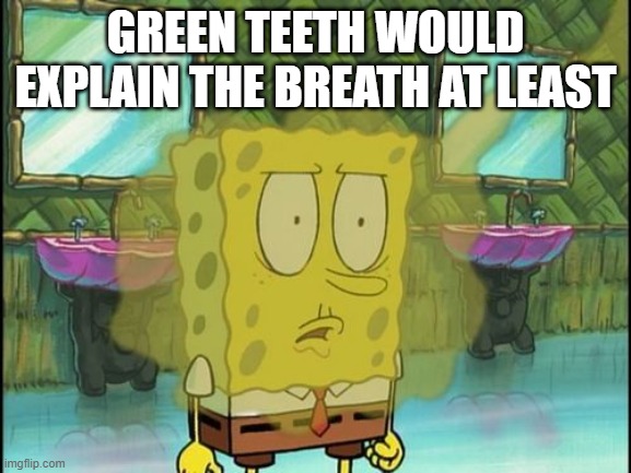 Bad breath spongebob | GREEN TEETH WOULD EXPLAIN THE BREATH AT LEAST | image tagged in bad breath spongebob | made w/ Imgflip meme maker