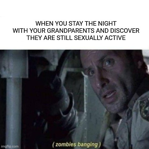 Damn you, Viagra! | WHEN YOU STAY THE NIGHT WITH YOUR GRANDPARENTS AND DISCOVER THEY ARE STILL SEXUALLY ACTIVE | image tagged in the walking dead,getting old,zombie,grandma,grandpa,funny memes | made w/ Imgflip meme maker