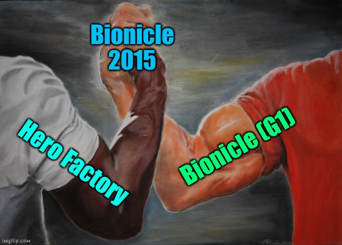 LET'S FUSE BIONICLE 2015! | Bionicle 2015; Bionicle (G1); Hero Factory | image tagged in memes,epic handshake,bionicle,hero factory,reboot,2015 | made w/ Imgflip meme maker