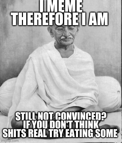Lets get metaphysical but not like literally ok? | I MEME THEREFORE I AM STILL NOT CONVINCED? IF YOU DON'T THINK SHITS REAL TRY EATING SOME | image tagged in gandhi meditation,scat,humor,metaphysics | made w/ Imgflip meme maker