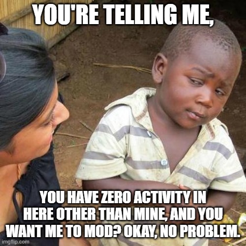 A Mod's Life. | YOU'RE TELLING ME, YOU HAVE ZERO ACTIVITY IN HERE OTHER THAN MINE, AND YOU WANT ME TO MOD? OKAY, NO PROBLEM. | image tagged in memes,third world skeptical kid,a mod's life | made w/ Imgflip meme maker