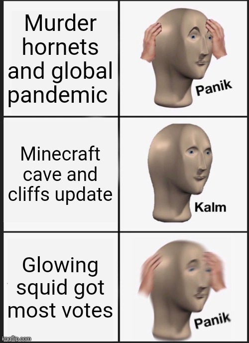 2020 be like | Murder hornets and global pandemic; Minecraft cave and cliffs update; Glowing squid got most votes | image tagged in memes,panik kalm panik | made w/ Imgflip meme maker