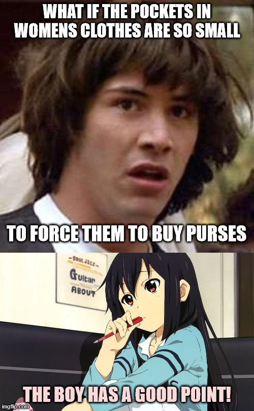 ladies, aren't you upset by the small pockets in your clothes/ | WHAT IF THE POCKETS IN WOMENS CLOTHES ARE SO SMALL; TO FORCE THEM TO BUY PURSES; THE BOY HAS A GOOD POINT! | image tagged in memes,conspiracy keanu | made w/ Imgflip meme maker