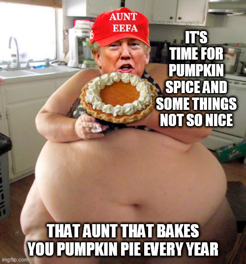 aunt eefa | IT'S TIME FOR PUMPKIN SPICE AND SOME THINGS NOT SO NICE; THAT AUNT THAT BAKES YOU PUMPKIN PIE EVERY YEAR | image tagged in aunt eefa,antifa,pumpkin,thanksgiving,halloween,pumpkin spice | made w/ Imgflip meme maker
