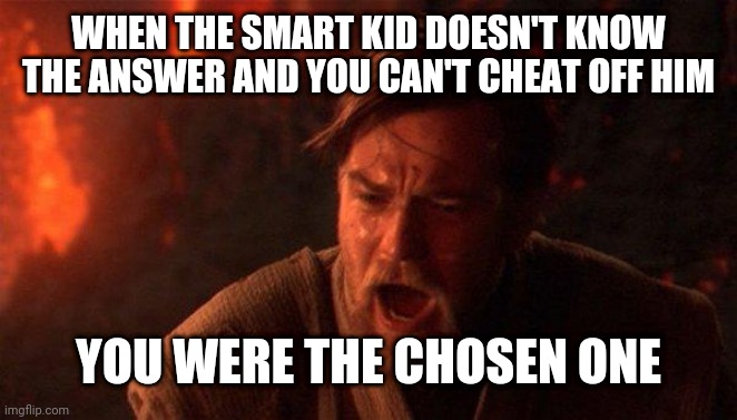 You Were The Chosen One (Star Wars) | WHEN THE SMART KID DOESN'T KNOW THE ANSWER AND YOU CAN'T CHEAT OFF HIM; YOU WERE THE CHOSEN ONE | image tagged in memes,you were the chosen one star wars | made w/ Imgflip meme maker