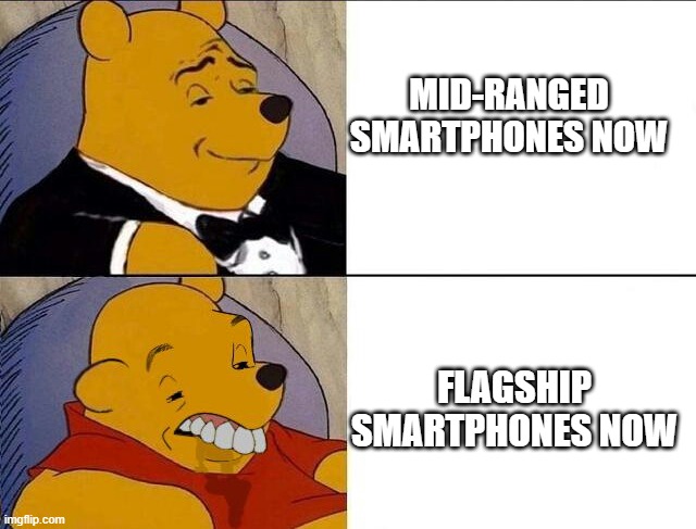 mid-ranged vs flagships. |  MID-RANGED SMARTPHONES NOW; FLAGSHIP SMARTPHONES NOW | image tagged in tuxedo winnie the pooh grossed reverse,mid-ranged,vs,flagships | made w/ Imgflip meme maker