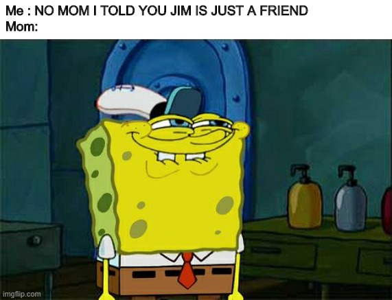 Every mom do that, at a certain age... | Me : NO MOM I TOLD YOU JIM IS JUST A FRIEND 
Mom: | image tagged in memes,don't you squidward,mom,friend | made w/ Imgflip meme maker