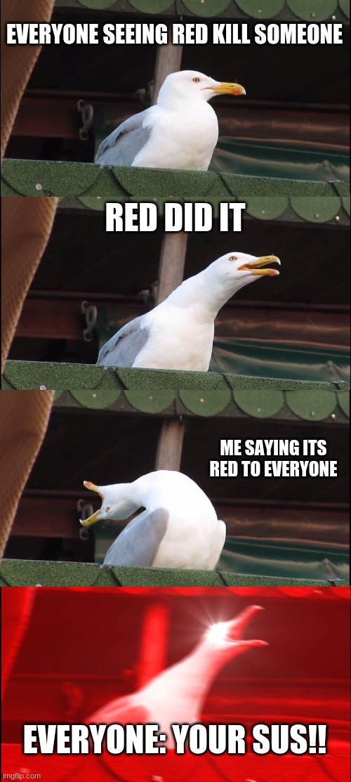 Inhaling Seagull | EVERYONE SEEING RED KILL SOMEONE; RED DID IT; ME SAYING ITS RED TO EVERYONE; EVERYONE: YOUR SUS!! | image tagged in memes,inhaling seagull | made w/ Imgflip meme maker