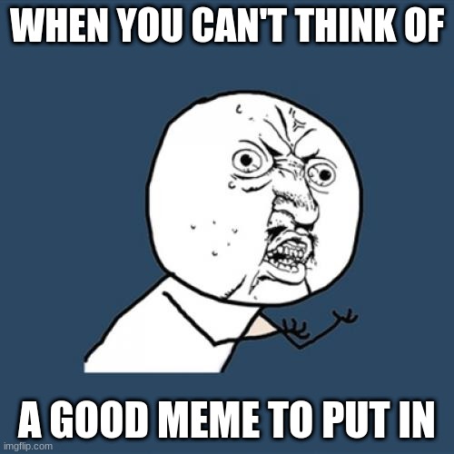Y U No Meme | WHEN YOU CAN'T THINK OF; A GOOD MEME TO PUT IN | image tagged in memes,y u no | made w/ Imgflip meme maker