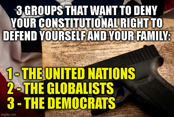 3 GROUPS THAT WANT TO DENY
YOUR CONSTITUTIONAL RIGHT TO
DEFEND YOURSELF AND YOUR FAMILY:; 1 - THE UNITED NATIONS
2 - THE GLOBALISTS
3 - THE DEMOCRATS | made w/ Imgflip meme maker