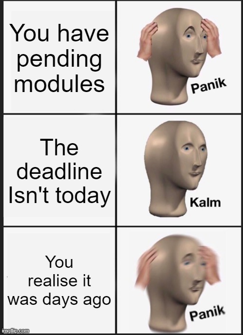 Students in a nutshell | You have pending modules; The deadline Isn't today; You realise it was days ago | image tagged in memes,panik kalm panik | made w/ Imgflip meme maker