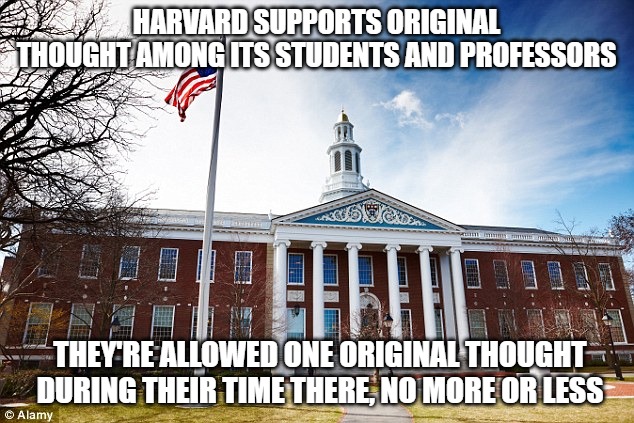 Harvard University | HARVARD SUPPORTS ORIGINAL THOUGHT AMONG ITS STUDENTS AND PROFESSORS; THEY'RE ALLOWED ONE ORIGINAL THOUGHT DURING THEIR TIME THERE, NO MORE OR LESS | image tagged in harvard university | made w/ Imgflip meme maker