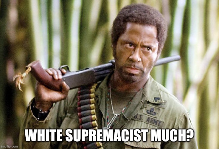 Robert Downy Jr. Tropic Thunder | WHITE SUPREMACIST MUCH? | image tagged in robert downy jr tropic thunder | made w/ Imgflip meme maker