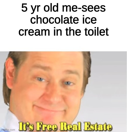 I was proud | 5 yr old me-sees chocolate ice cream in the toilet | image tagged in it's free real estate | made w/ Imgflip meme maker