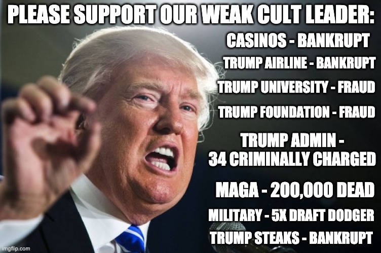 Please, please, please... we're begging you... | PLEASE SUPPORT OUR WEAK CULT LEADER:; CASINOS - BANKRUPT; TRUMP AIRLINE - BANKRUPT; TRUMP UNIVERSITY - FRAUD; TRUMP FOUNDATION - FRAUD; TRUMP ADMIN - 34 CRIMINALLY CHARGED; MAGA - 200,000 DEAD; MILITARY - 5X DRAFT DODGER; TRUMP STEAKS - BANKRUPT | image tagged in donald trump,covid,covid19,election 2020 | made w/ Imgflip meme maker