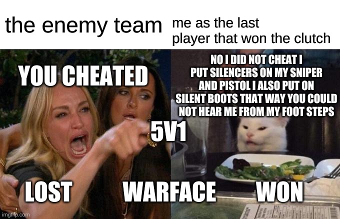 only warface players will get it | the enemy team; me as the last player that won the clutch; NO I DID NOT CHEAT I PUT SILENCERS ON MY SNIPER AND PISTOL I ALSO PUT ON SILENT BOOTS THAT WAY YOU COULD NOT HEAR ME FROM MY FOOT STEPS; YOU CHEATED; 5V1; WARFACE; LOST; WON | image tagged in memes,woman yelling at cat | made w/ Imgflip meme maker