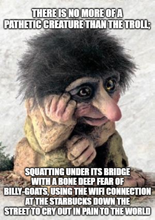 troll from norway | THERE IS NO MORE OF A PATHETIC CREATURE THAN THE TROLL;; SQUATTING UNDER ITS BRIDGE WITH A BONE DEEP FEAR OF BILLY-GOATS, USING THE WIFI CONNECTION AT THE STARBUCKS DOWN THE STREET TO CRY OUT IN PAIN TO THE WORLD | image tagged in troll from norway | made w/ Imgflip meme maker