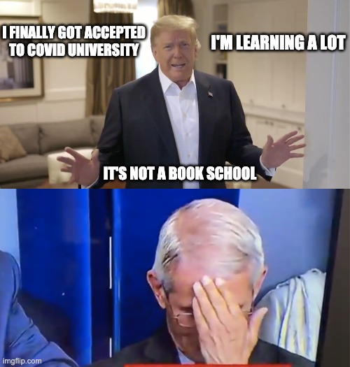 Trump majors in Covid 10 months in | I'M LEARNING A LOT; I FINALLY GOT ACCEPTED TO COVID UNIVERSITY; IT'S NOT A BOOK SCHOOL | image tagged in donald trump,fauci,fauci facepalm | made w/ Imgflip meme maker