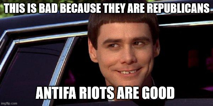 dumb and dumber | THIS IS BAD BECAUSE THEY ARE REPUBLICANS ANTIFA RIOTS ARE GOOD | image tagged in dumb and dumber | made w/ Imgflip meme maker