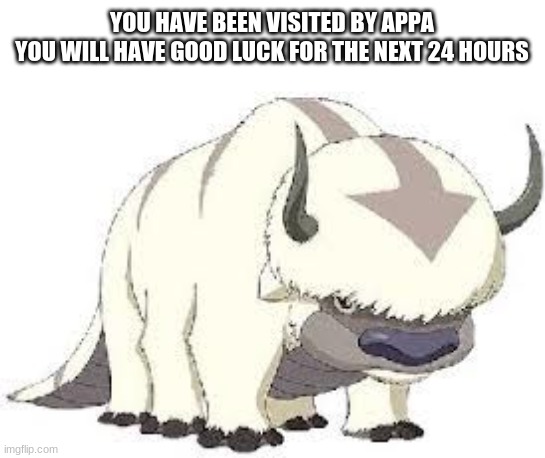 appa | YOU HAVE BEEN VISITED BY APPA
YOU WILL HAVE GOOD LUCK FOR THE NEXT 24 HOURS | image tagged in good luck,memes | made w/ Imgflip meme maker