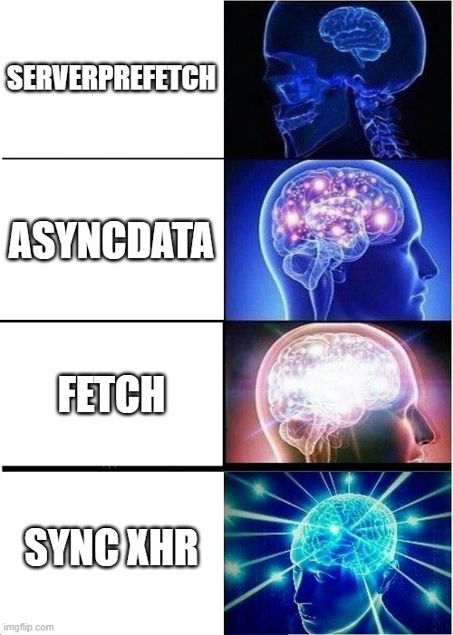 Expanding Brain Meme | SERVERPREFETCH; ASYNCDATA; FETCH; SYNC XHR | image tagged in memes,expanding brain | made w/ Imgflip meme maker