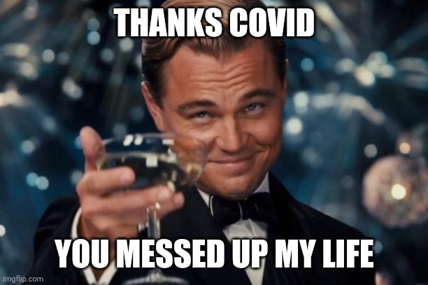 Why COVID!? | THANKS COVID; YOU MESSED UP MY LIFE | image tagged in memes,leonardo dicaprio cheers | made w/ Imgflip meme maker