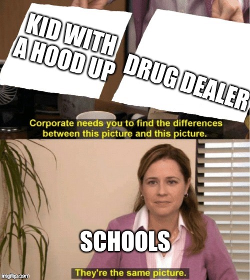 True tho | KID WITH A HOOD UP; DRUG DEALER; SCHOOLS | image tagged in they re the same thing | made w/ Imgflip meme maker