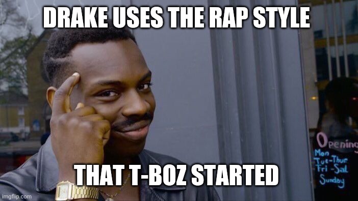 Roll Safe Think About It Meme | DRAKE USES THE RAP STYLE; THAT T-BOZ STARTED | image tagged in memes,roll safe think about it | made w/ Imgflip meme maker