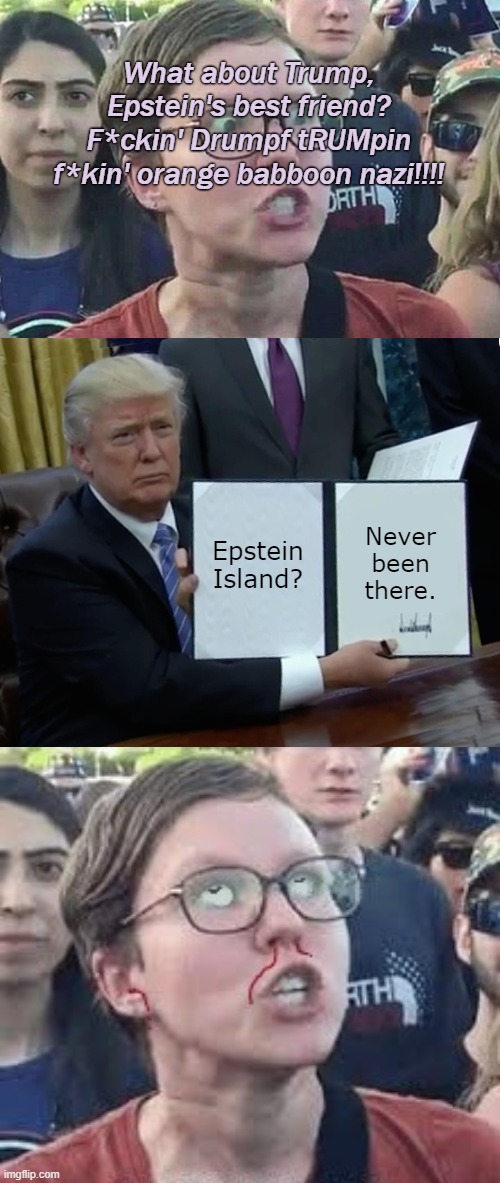 What about Trump, Epstein's best friend? F*ckin' Drumpf tRUMpin f*kin' orange babboon nazi!!!! Epstein Island? Never been there. | image tagged in triggered liberal,memes,trump bill signing,triggering intensifies | made w/ Imgflip meme maker