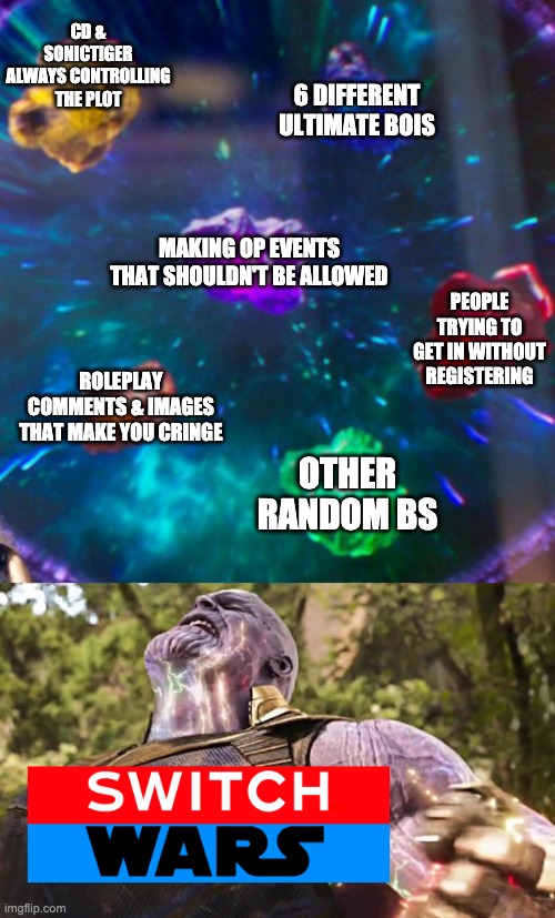 Ta-daaaa. | CD & SONICTIGER ALWAYS CONTROLLING THE PLOT; 6 DIFFERENT ULTIMATE BOIS; MAKING OP EVENTS THAT SHOULDN'T BE ALLOWED; PEOPLE TRYING TO GET IN WITHOUT REGISTERING; ROLEPLAY COMMENTS & IMAGES THAT MAKE YOU CRINGE; OTHER RANDOM BS | image tagged in i shall commit muffin time | made w/ Imgflip meme maker