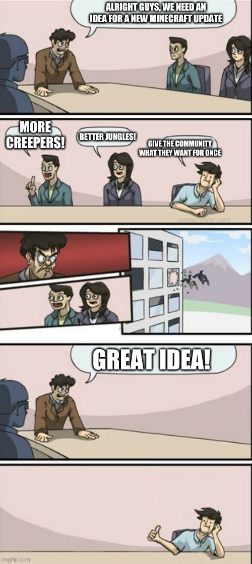 Boardroom Meeting Sugg 2 | ALRIGHT GUYS, WE NEED AN IDEA FOR A NEW MINECRAFT UPDATE; MORE CREEPERS! BETTER JUNGLES! GIVE THE COMMUNITY WHAT THEY WANT FOR ONCE; GREAT IDEA! | image tagged in boardroom meeting sugg 2 | made w/ Imgflip meme maker