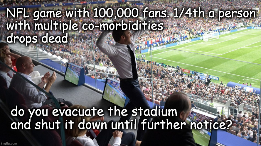 football shut down | NFL game with 100,000 fans. 1/4th a person
with multiple co-morbidities
drops dead; do you evacuate the stadium and shut it down until further notice? | image tagged in covidiots | made w/ Imgflip meme maker